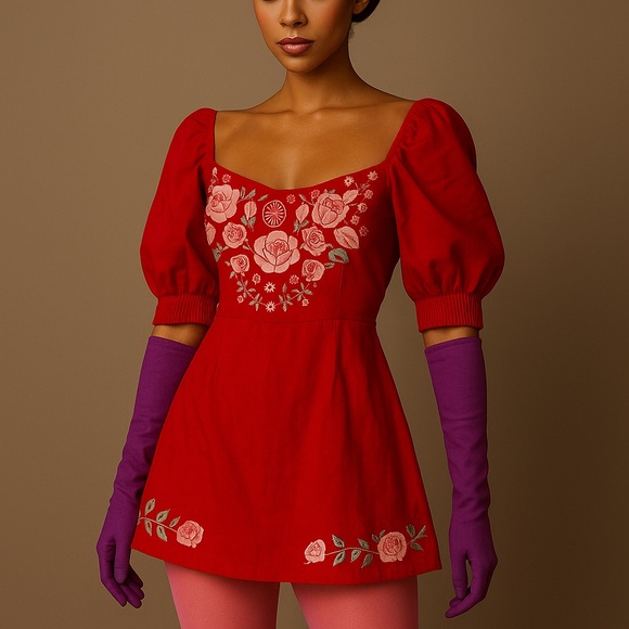 Red Mini Embroidered Dress - Picture 1 of 3